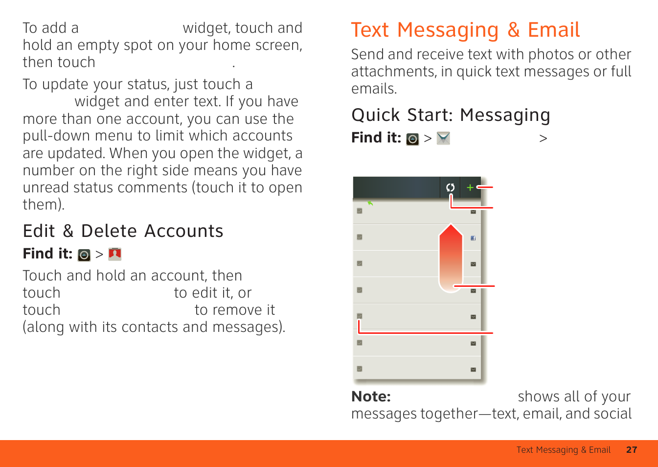 Edit & delete accounts, Text messaging & email, Quick start: messaging | Text | Motorola ATRIX 4G User Manual | Page 29 / 88