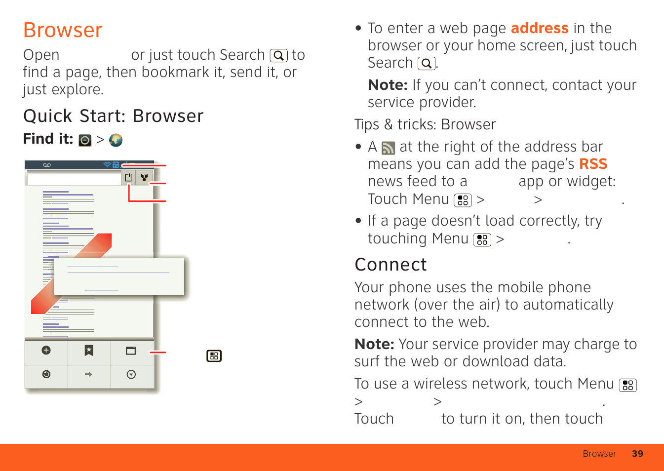 Browser, Quick start: browser, Connect | Find it: > browser | Motorola ATRIX 4G User Manual | Page 41 / 88