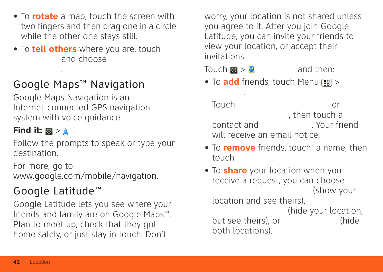 Google maps™ navigation, Google latitude | Motorola ATRIX 4G User Manual | Page 44 / 88