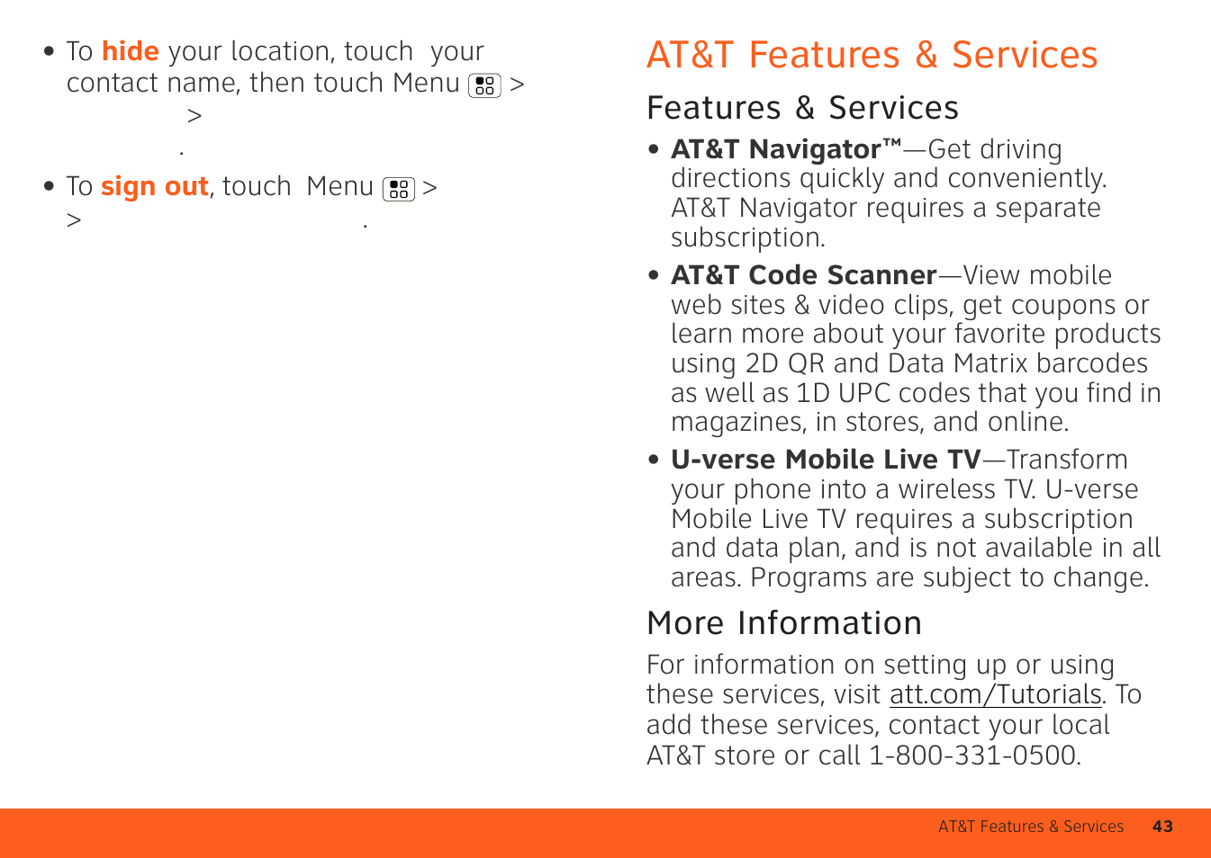 At&t features & services, Features & services, More information | Motorola ATRIX 4G User Manual | Page 45 / 88