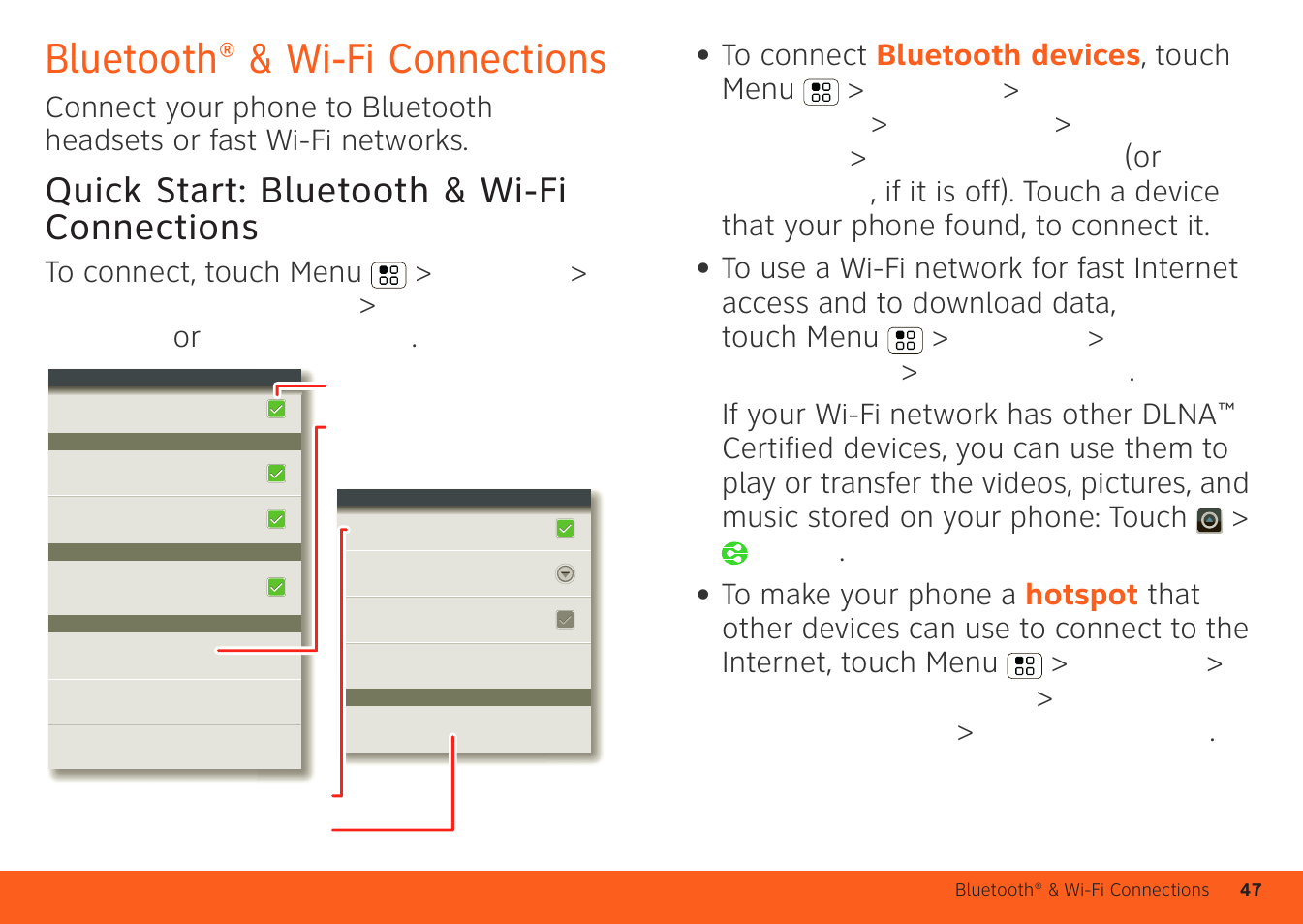 Bluetooth® & wi-fi connections, Quick start: bluetooth & wi-fi connections, Bluetooth | Motorola ATRIX 4G User Manual | Page 49 / 88