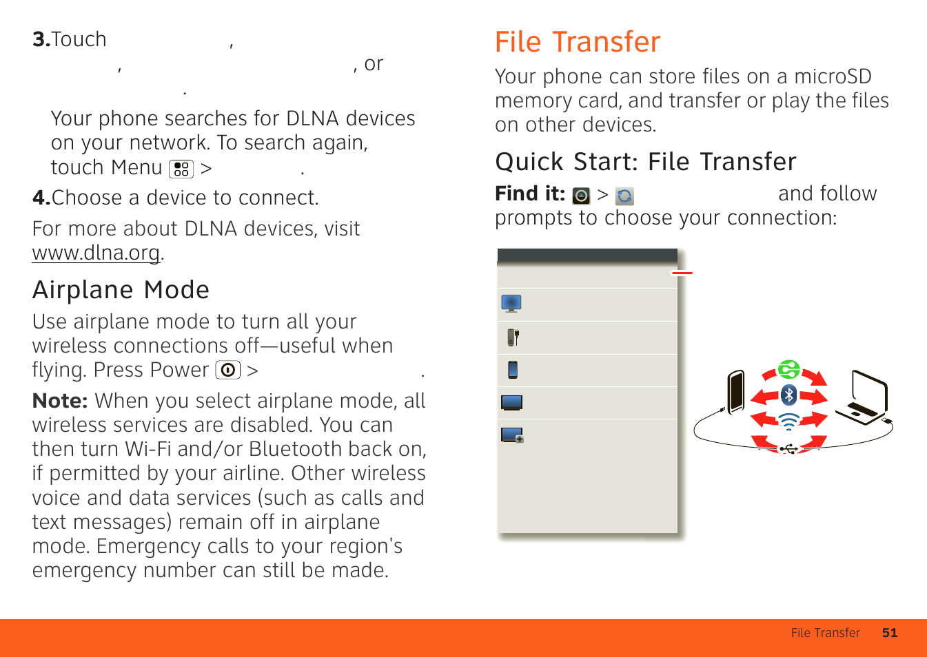 Airplane mode, File transfer, Quick start: file transfer | Motorola ATRIX 4G User Manual | Page 53 / 88