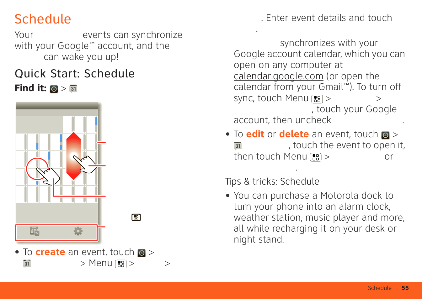 Schedule, Quick start: schedule | Motorola ATRIX 4G User Manual | Page 57 / 88