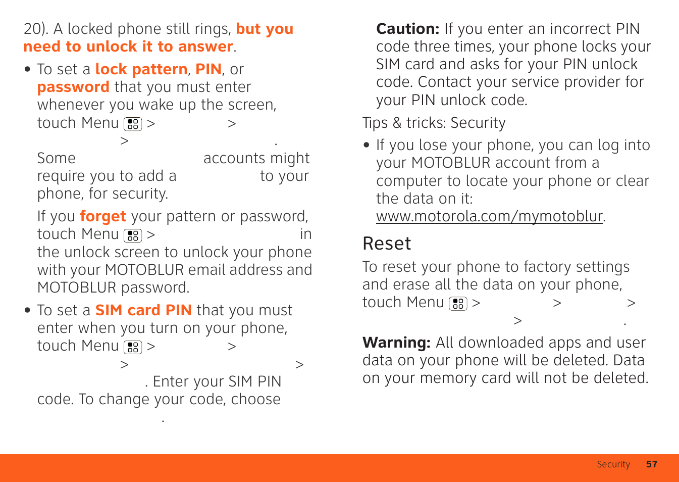 Reset | Motorola ATRIX 4G User Manual | Page 59 / 88