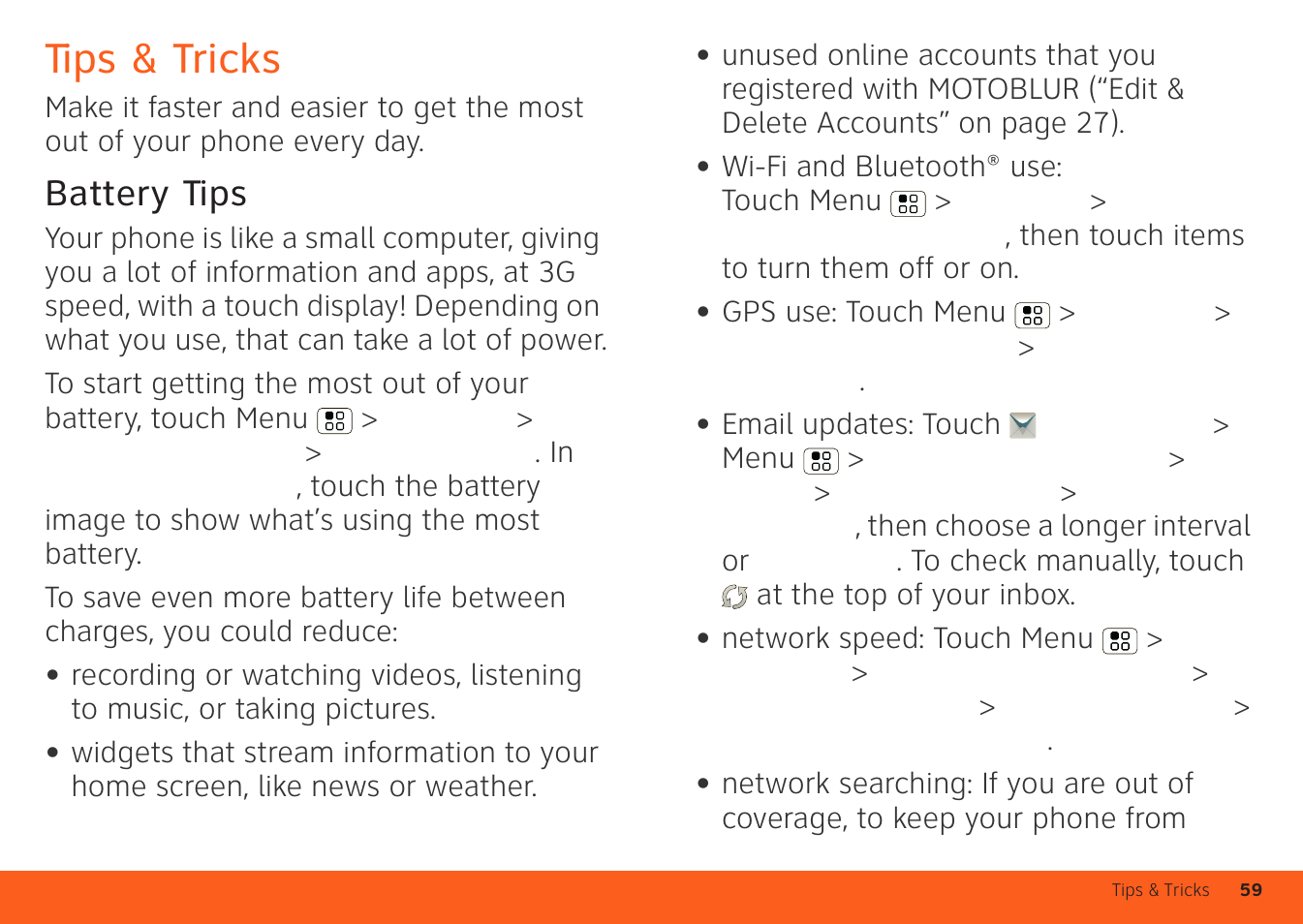 Tips & tricks, Battery tips | Motorola ATRIX 4G User Manual | Page 61 / 88