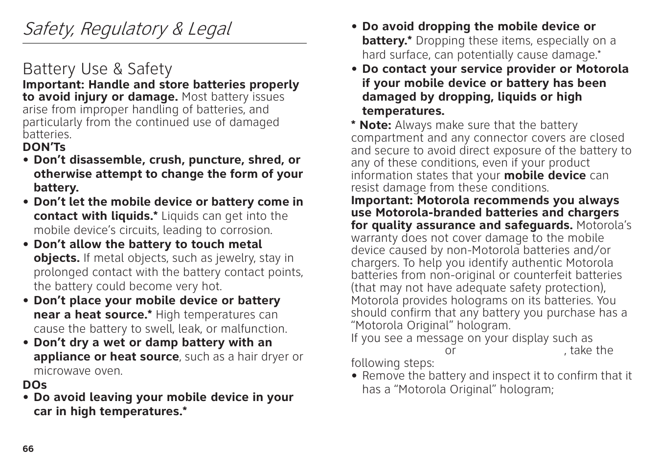 Safety, regulatory & legal, Battery use & safety | Motorola ATRIX 4G User Manual | Page 68 / 88