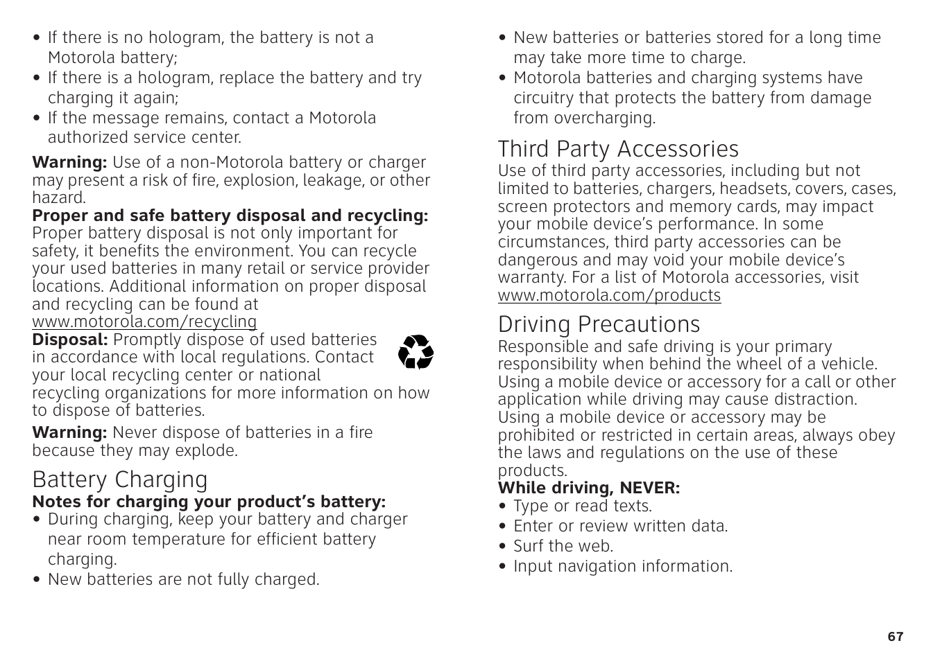 Battery charging, Third party accessories, Driving precautions | Motorola ATRIX 4G User Manual | Page 69 / 88