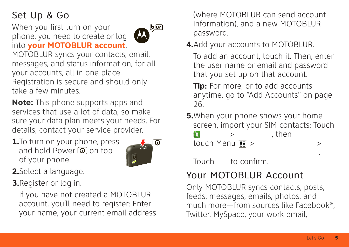 Set up & go, Your motoblur account | Motorola ATRIX 4G User Manual | Page 7 / 88