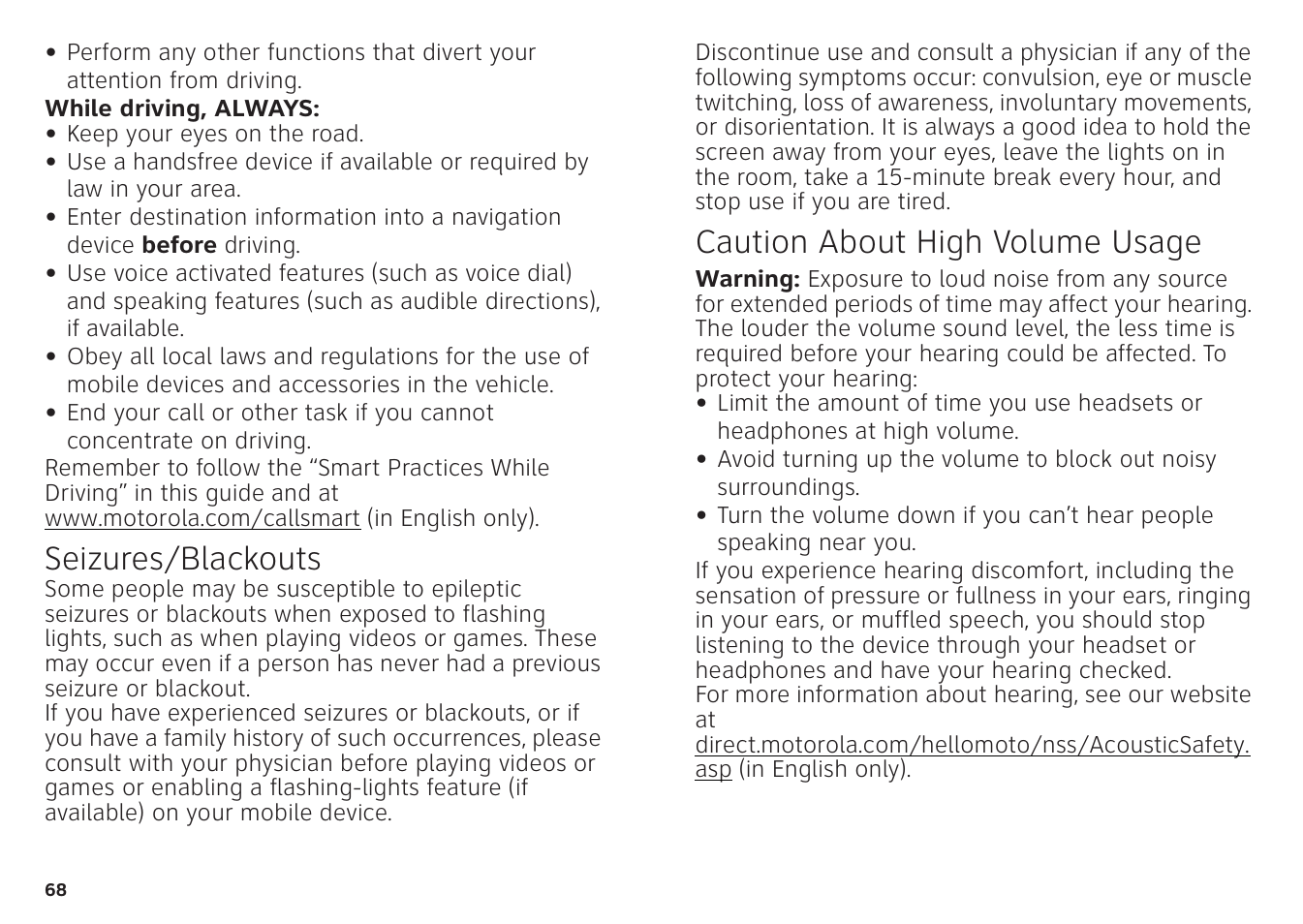 Seizures/blackouts, Caution about high volume usage | Motorola ATRIX 4G User Manual | Page 70 / 88