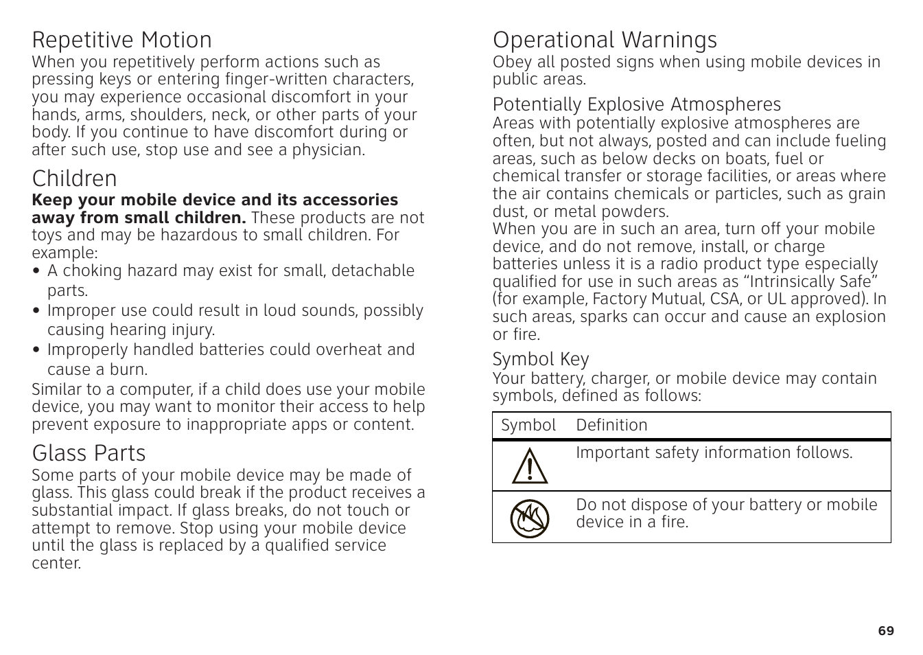 Repetitive motion, Children, Glass parts | Operational warnings | Motorola ATRIX 4G User Manual | Page 71 / 88