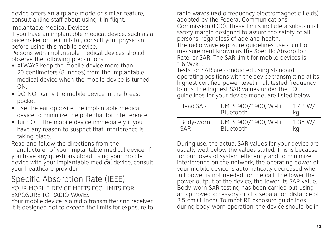 Sar (ieee), Specific absorption rate (ieee) | Motorola ATRIX 4G User Manual | Page 73 / 88