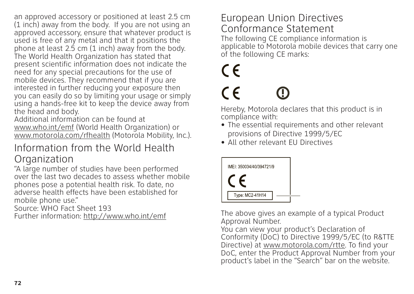 Who information, Eu conformance, Information from the world health organization | European union directives conformance statement | Motorola ATRIX 4G User Manual | Page 74 / 88