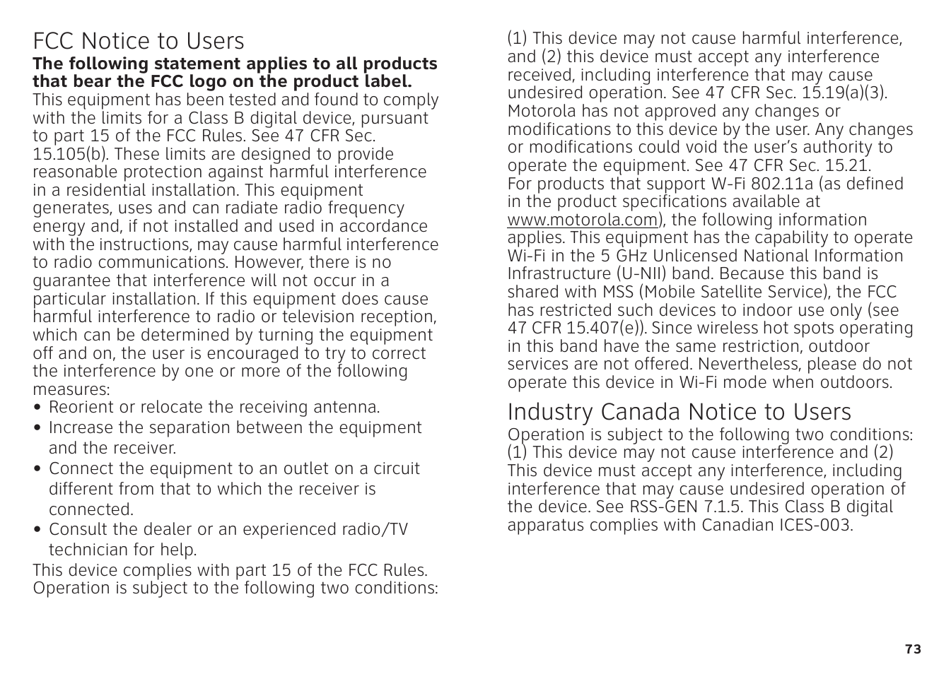 Fcc notice, Industry canada notice, Fcc notice to users | Industry canada notice to users | Motorola ATRIX 4G User Manual | Page 75 / 88