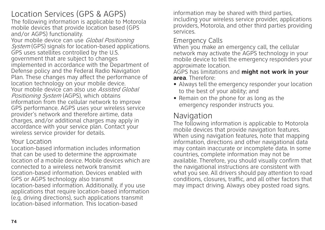 Gps & agps, Navigation, Location services (gps & agps) | Motorola ATRIX 4G User Manual | Page 76 / 88