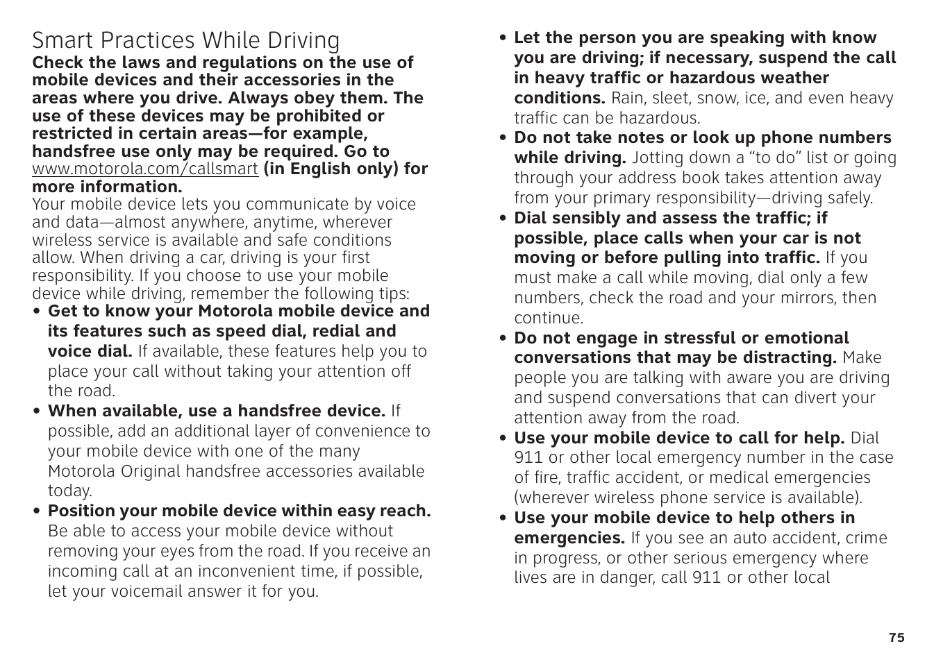 Driving safety, Smart practices while driving | Motorola ATRIX 4G User Manual | Page 77 / 88