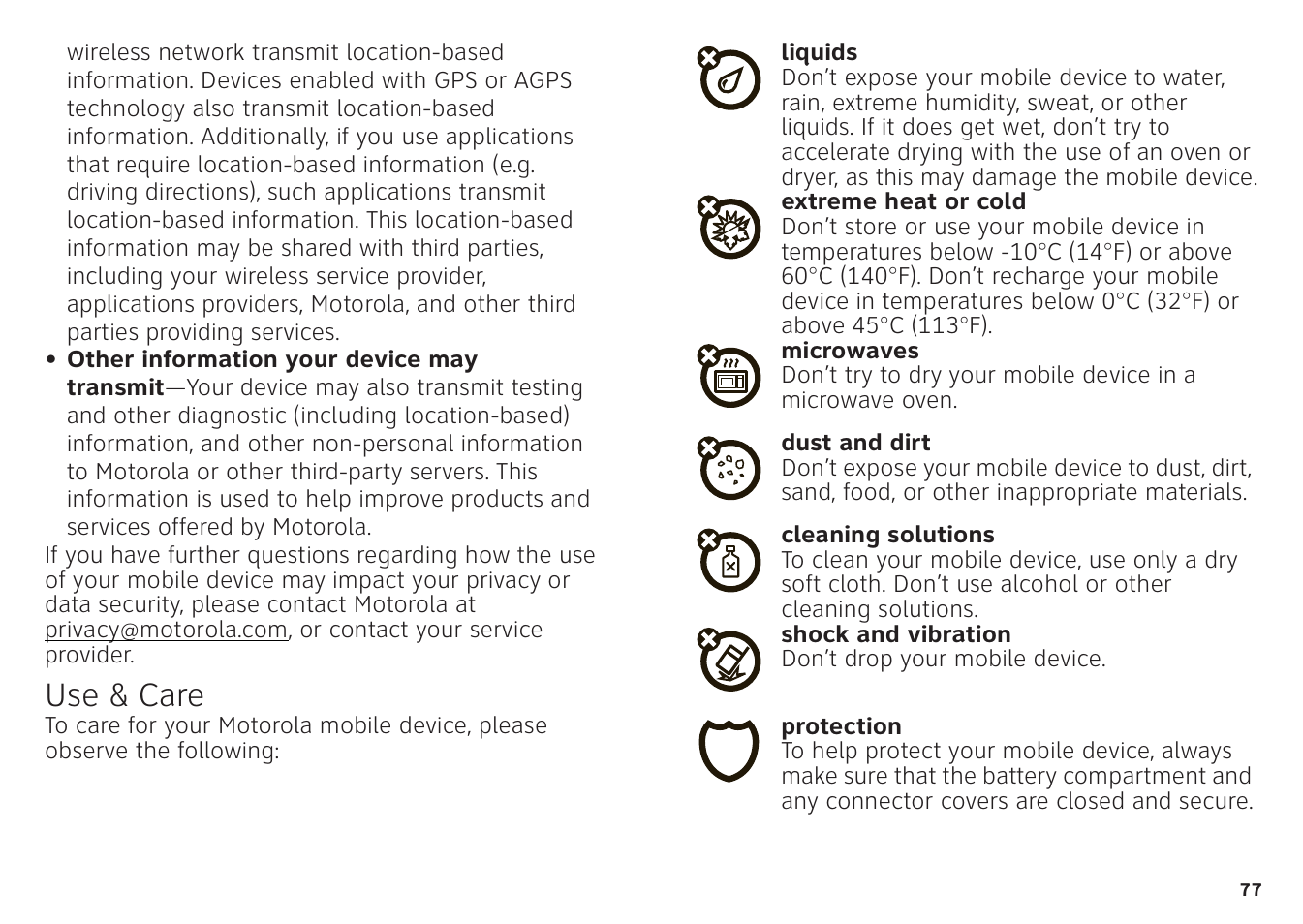 Use & care | Motorola ATRIX 4G User Manual | Page 79 / 88