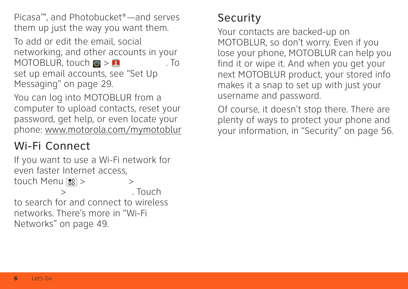 Wi-fi connect, Security | Motorola ATRIX 4G User Manual | Page 8 / 88