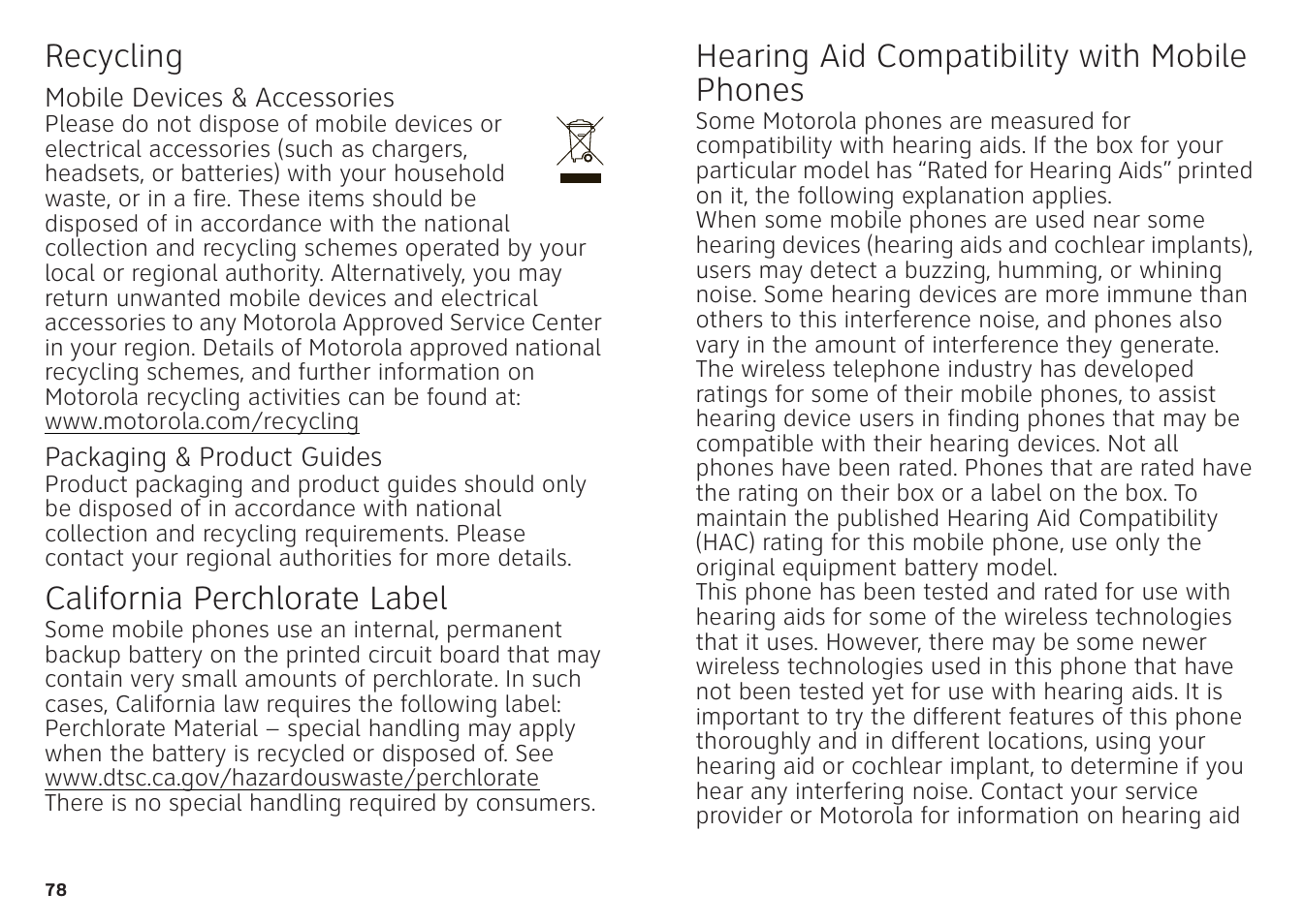 Recycling, Perchlorate label, Hearing aid compatibility | California perchlorate label, Hearing aid compatibility with mobile phones, Mobile devices & accessories, Packaging & product guides | Motorola ATRIX 4G User Manual | Page 80 / 88