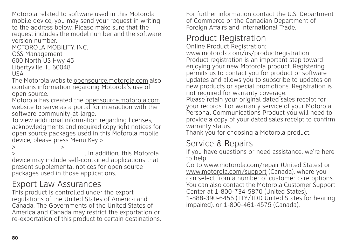 Export law, Registration, Export law assurances | Product registration, Service & repairs | Motorola ATRIX 4G User Manual | Page 82 / 88