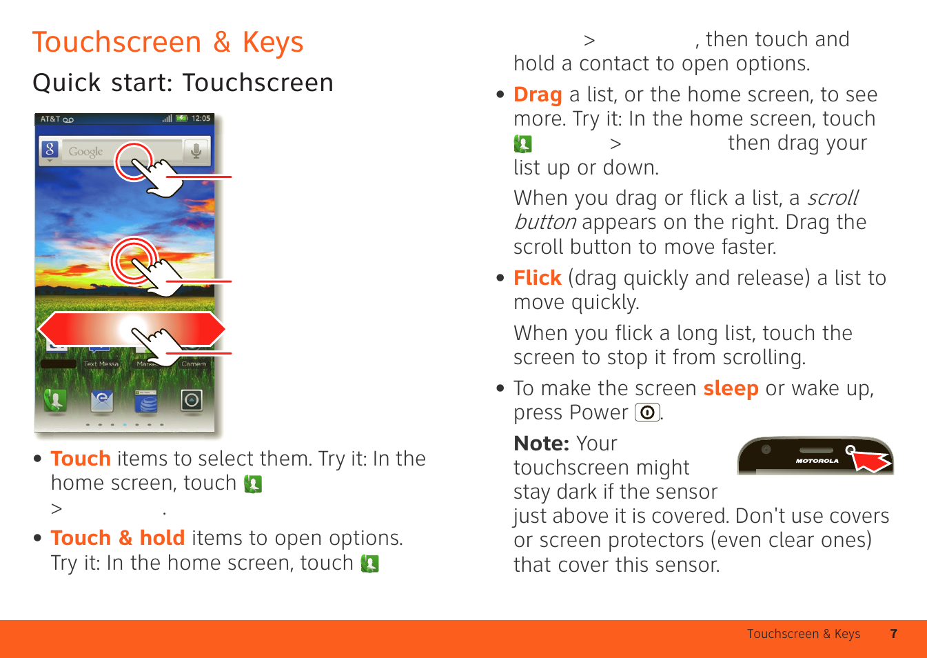 Touchscreen & keys, Quick start: touchscreen | Motorola ATRIX 4G User Manual | Page 9 / 88