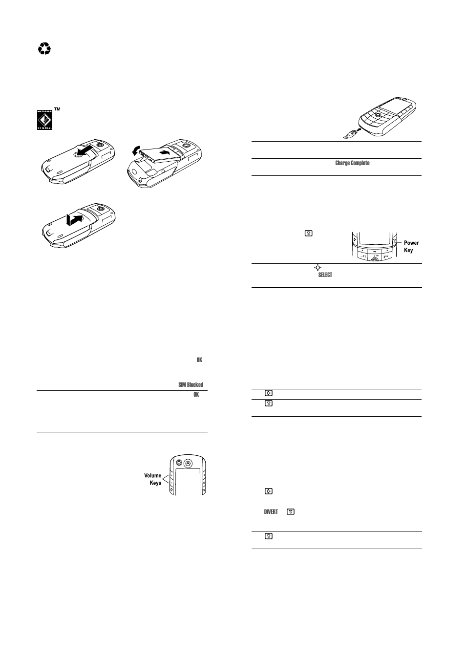 Installing the battery, Charging the battery, Turning your phone on | Adjusting volume, Making a call, Answering a call, Changing the call alert | Motorola E1000 User Manual | Page 6 / 32