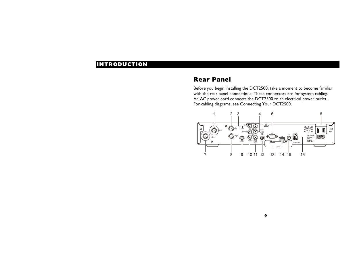 Rear panel, Bl n, Introduction | Motorola DIGITAL CABLE RECEIVER DCT2500 User Manual | Page 12 / 37