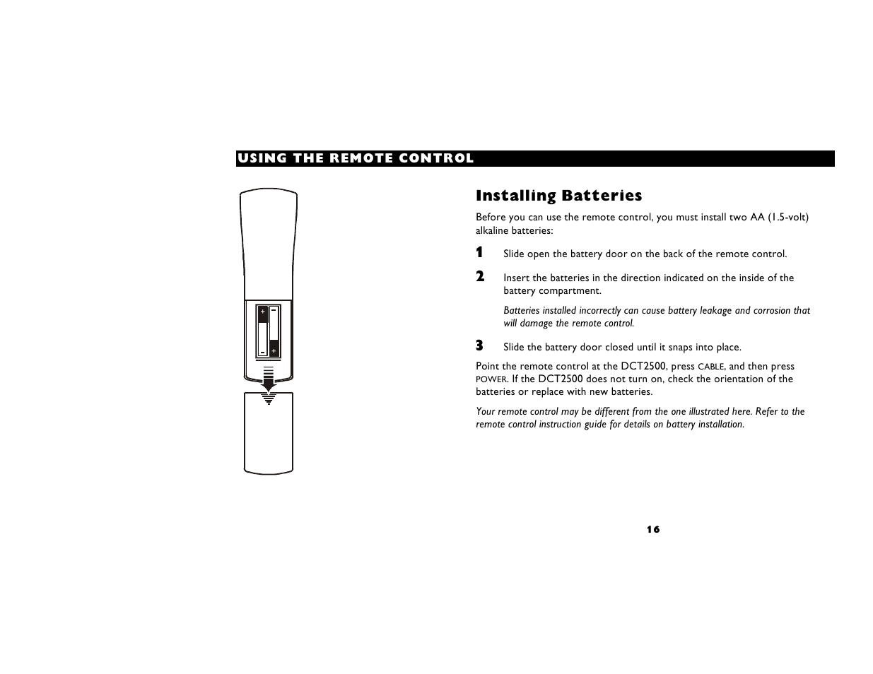 Installing batteries | Motorola DIGITAL CABLE RECEIVER DCT2500 User Manual | Page 22 / 37