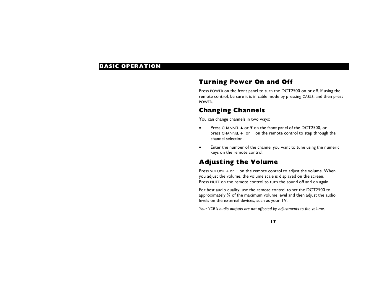 Turning power on and off, Changing channels, Adjusting the volume | Basic operation | Motorola DIGITAL CABLE RECEIVER DCT2500 User Manual | Page 23 / 37