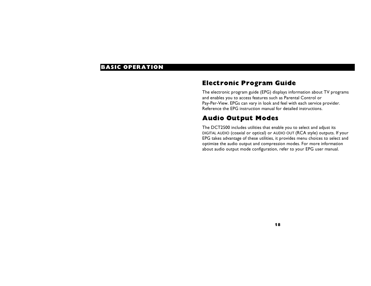 Electronic program guide, Audio output modes | Motorola DIGITAL CABLE RECEIVER DCT2500 User Manual | Page 24 / 37