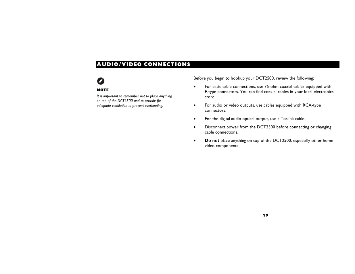 Audio/video connections | Motorola DIGITAL CABLE RECEIVER DCT2500 User Manual | Page 25 / 37