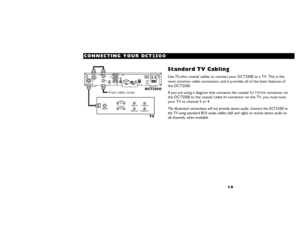 Standard tv cabling, Connecting your dct2s00 | Motorola DIGITAL CABLE RECEIVER DCT2500 User Manual | Page 26 / 37