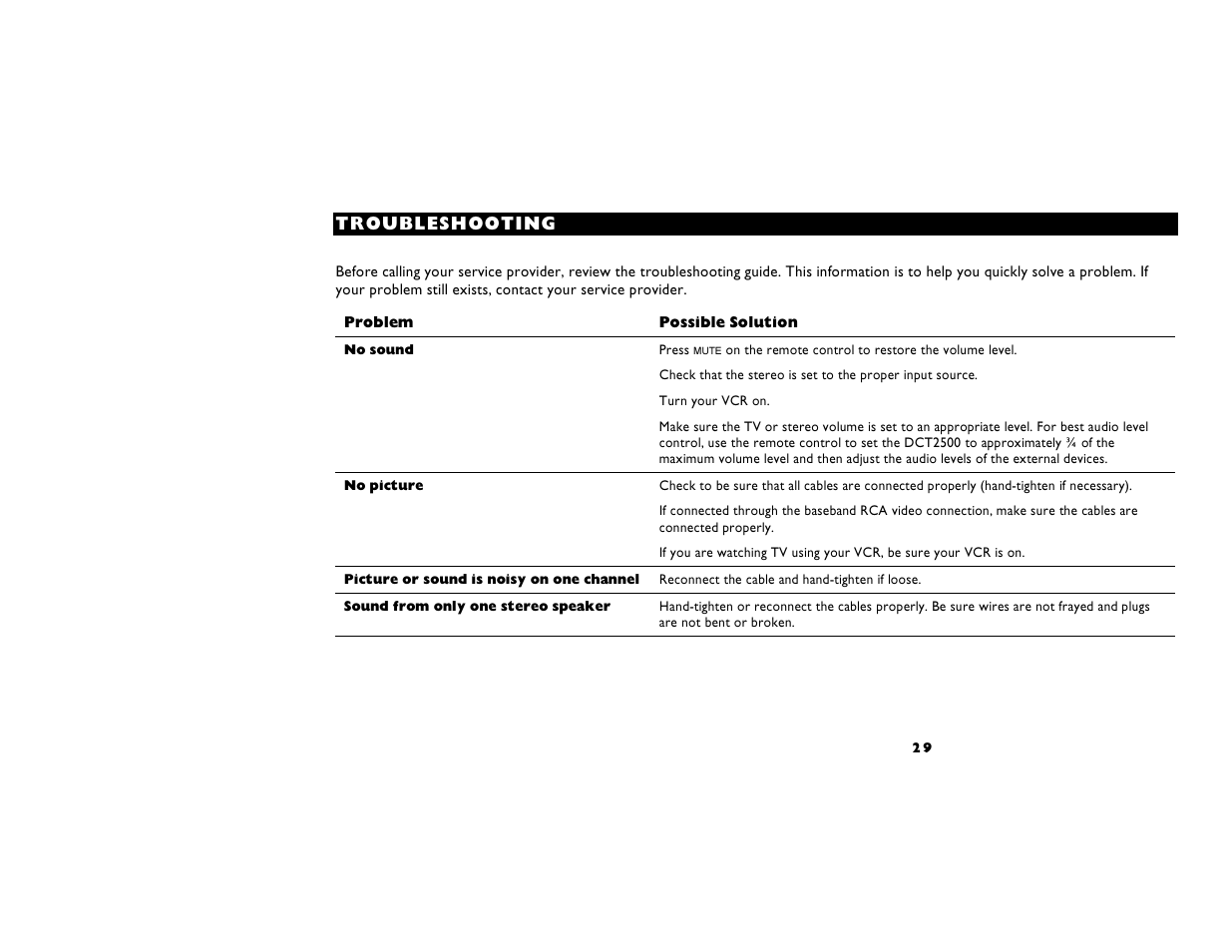 Possible solution, Troubleshooting | Motorola DIGITAL CABLE RECEIVER DCT2500 User Manual | Page 35 / 37