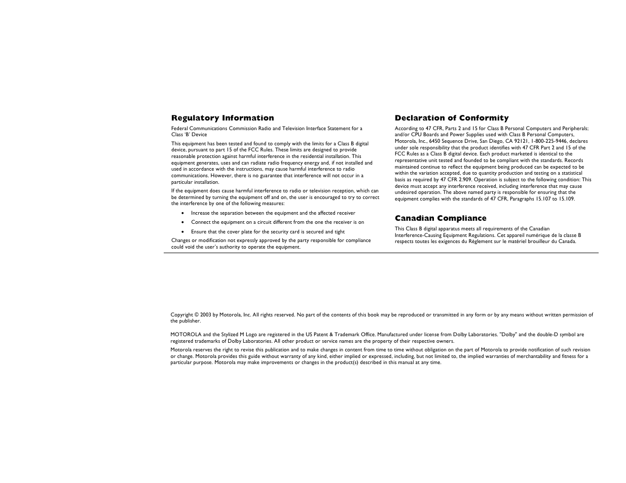 Regulatory information, Declaration of conformity, Canadian compliance | Motorola DIGITAL CABLE RECEIVER DCT2500 User Manual | Page 6 / 37