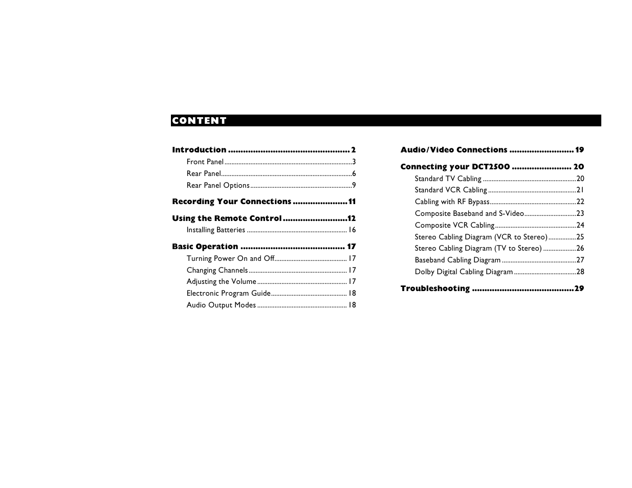 Content | Motorola DIGITAL CABLE RECEIVER DCT2500 User Manual | Page 7 / 37