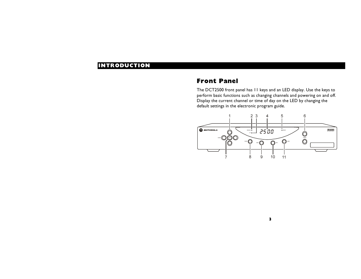 Front panel, Introduction | Motorola DIGITAL CABLE RECEIVER DCT2500 User Manual | Page 9 / 37