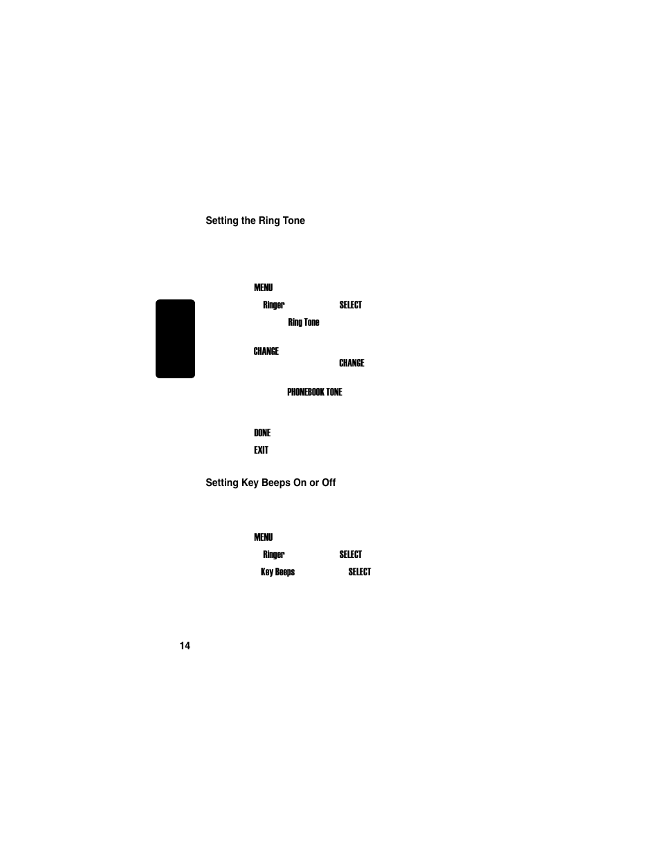 Setting the ring tone, Setting key beeps on or off, Setting the ring tone setting key beeps on or off | Motorola MD760 User Manual | Page 34 / 73