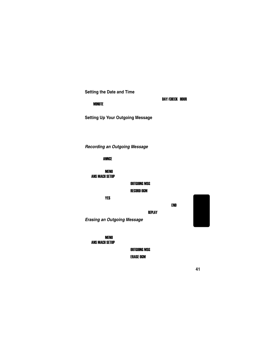 Setting the date and time, Setting up your outgoing message, Recording an outgoing message | Erasing an outgoing message | Motorola MD760 User Manual | Page 61 / 73