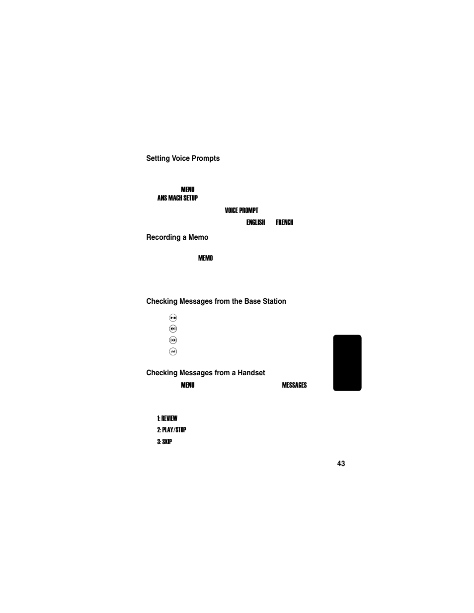 Setting voice prompts, Recording a memo, Using the answering machine | Checking messages from the base station, Checking messages from a handset, Setting voice prompts recording a memo | Motorola MD760 User Manual | Page 63 / 73