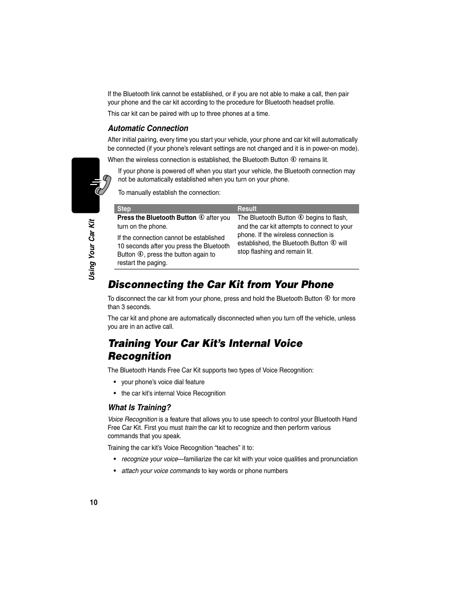 Disconnecting the car kit from your phone, Training your car kit’s internal voice recognition | Motorola Bluetooth Wireless Hands Free User Manual | Page 12 / 25