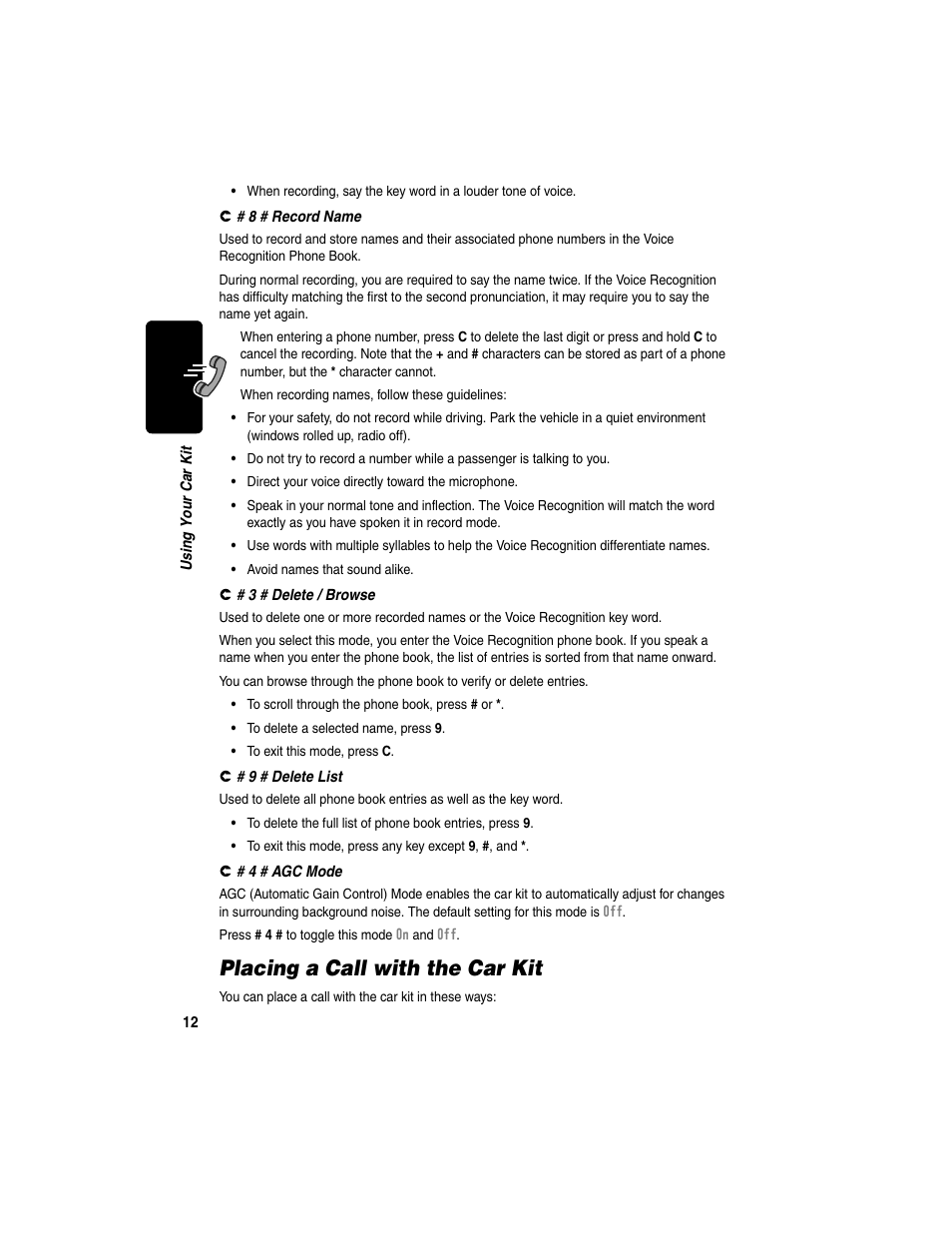 Placing a call with the car kit | Motorola Bluetooth Wireless Hands Free User Manual | Page 14 / 25