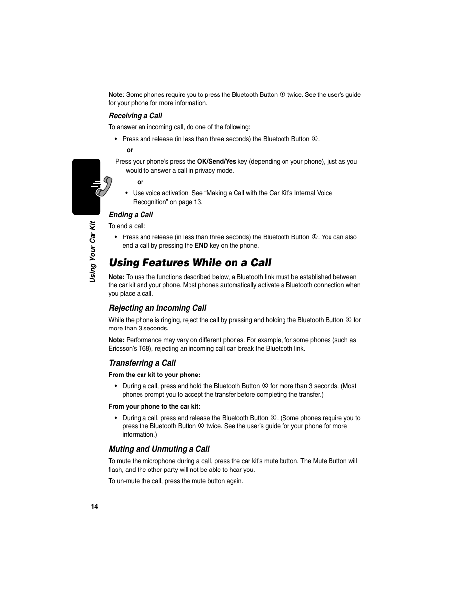 Using features while on a call | Motorola Bluetooth Wireless Hands Free User Manual | Page 16 / 25