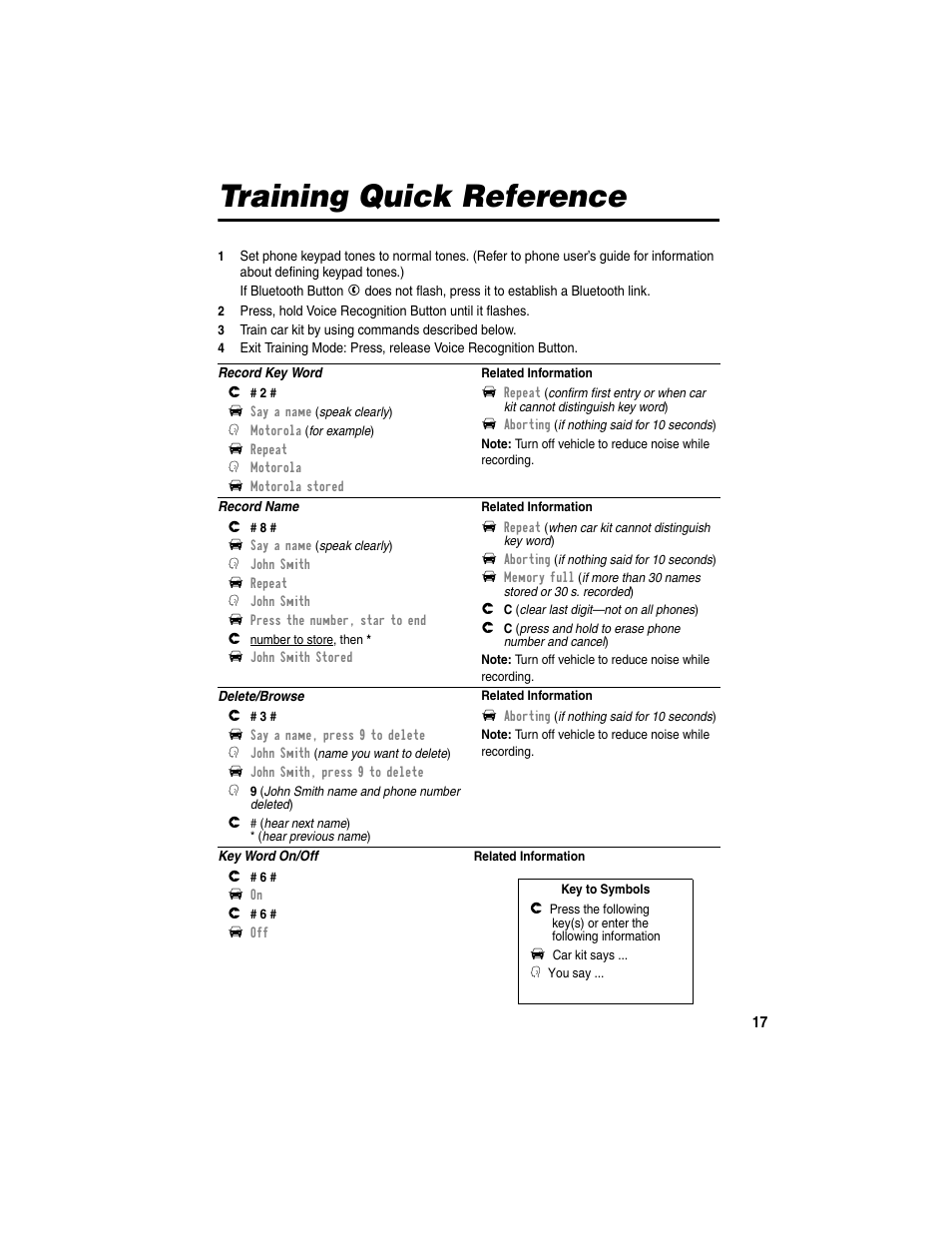 Training quick reference | Motorola Bluetooth Wireless Hands Free User Manual | Page 19 / 25