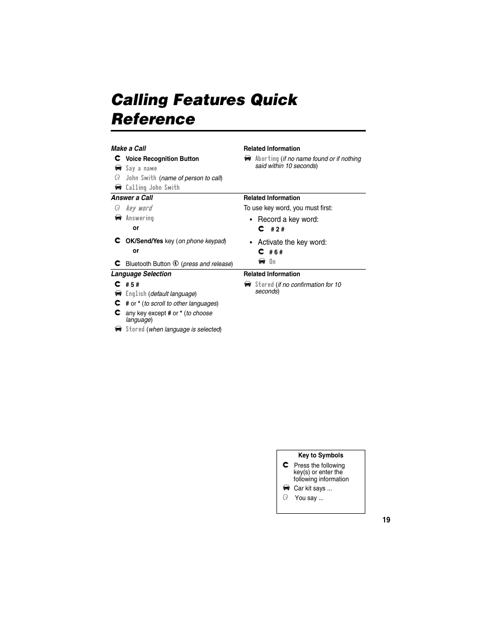 Calling features quick reference | Motorola Bluetooth Wireless Hands Free User Manual | Page 21 / 25