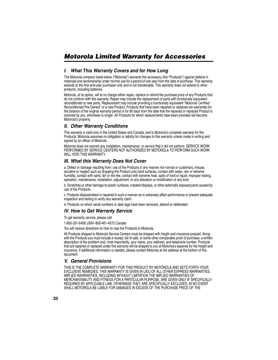 Motorola limited warranty for accessories | Motorola Bluetooth Wireless Hands Free User Manual | Page 22 / 25