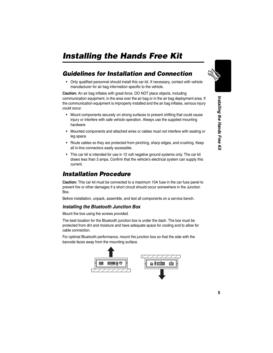 Installing the hands free kit, Guidelines for installation and connection, Installation procedure | Motorola Bluetooth Wireless Hands Free User Manual | Page 7 / 25