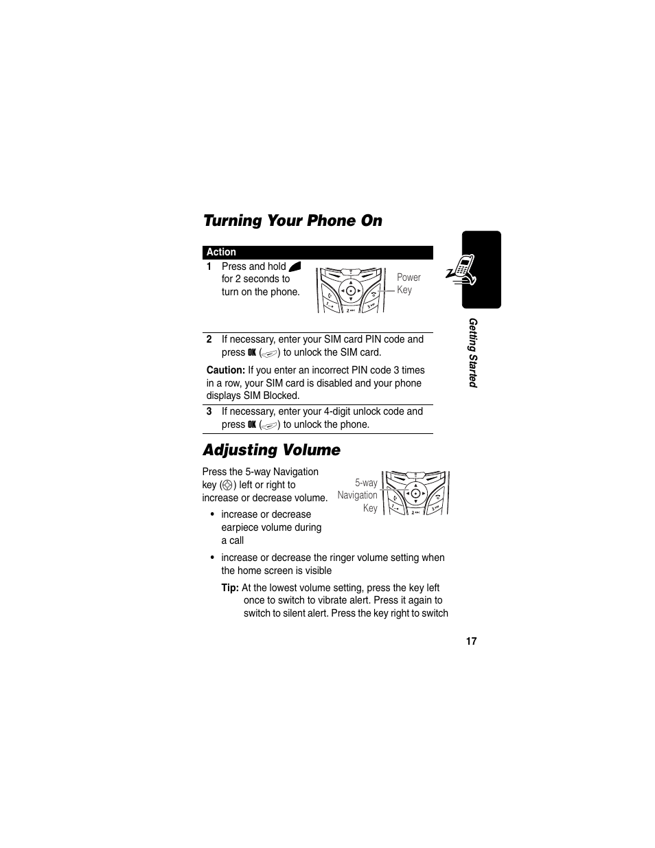 Turning your phone on adjusting volume | Motorola C380 User Manual | Page 17 / 97