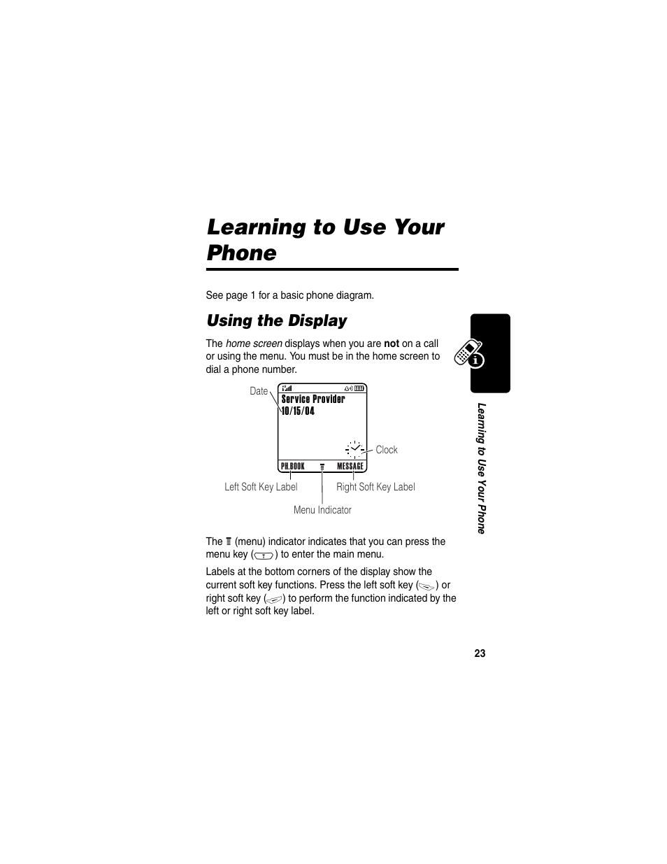 Learning to use your phone, Using the display | Motorola C380 User Manual | Page 23 / 97