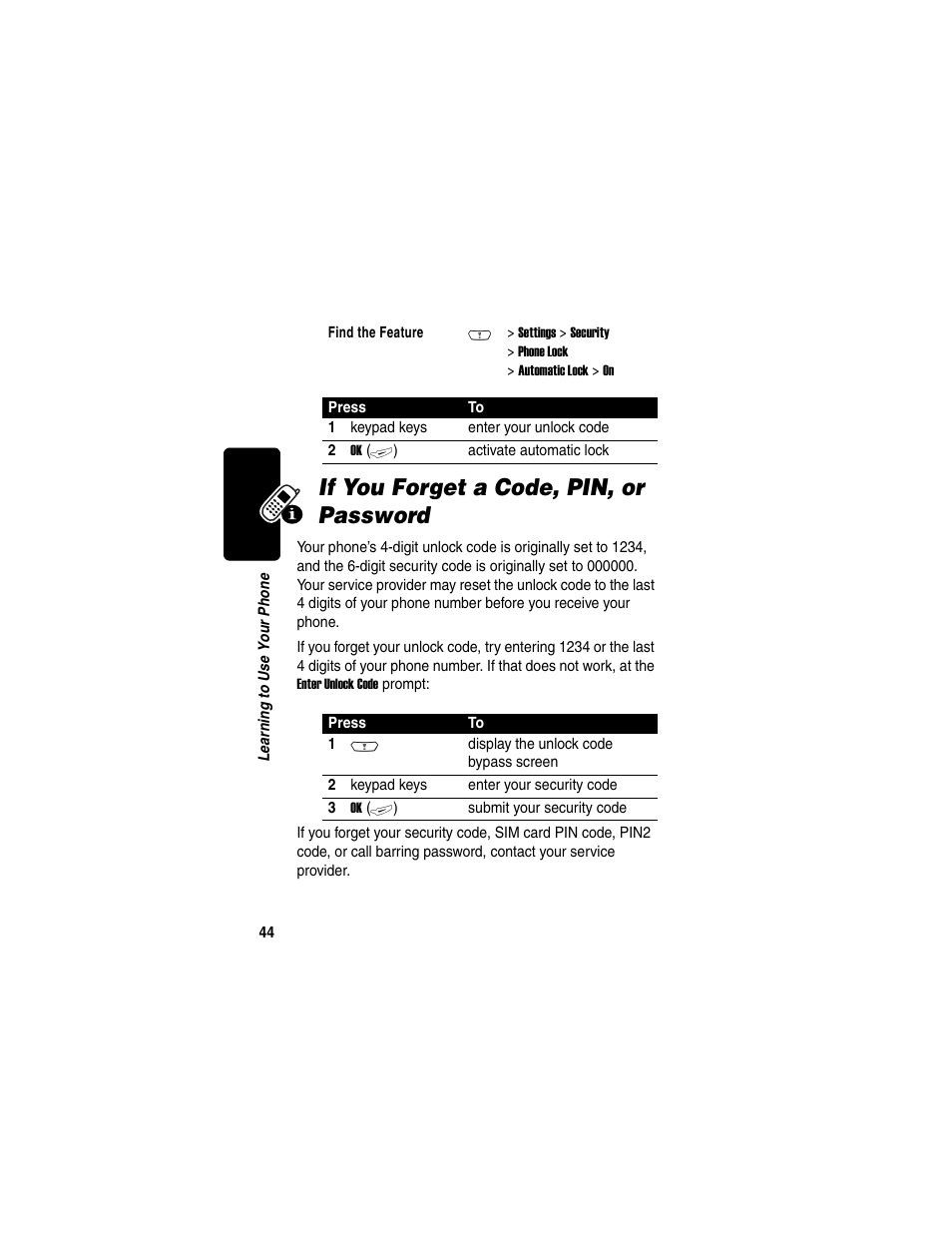 If you forget a code, pin, or password | Motorola C380 User Manual | Page 44 / 97