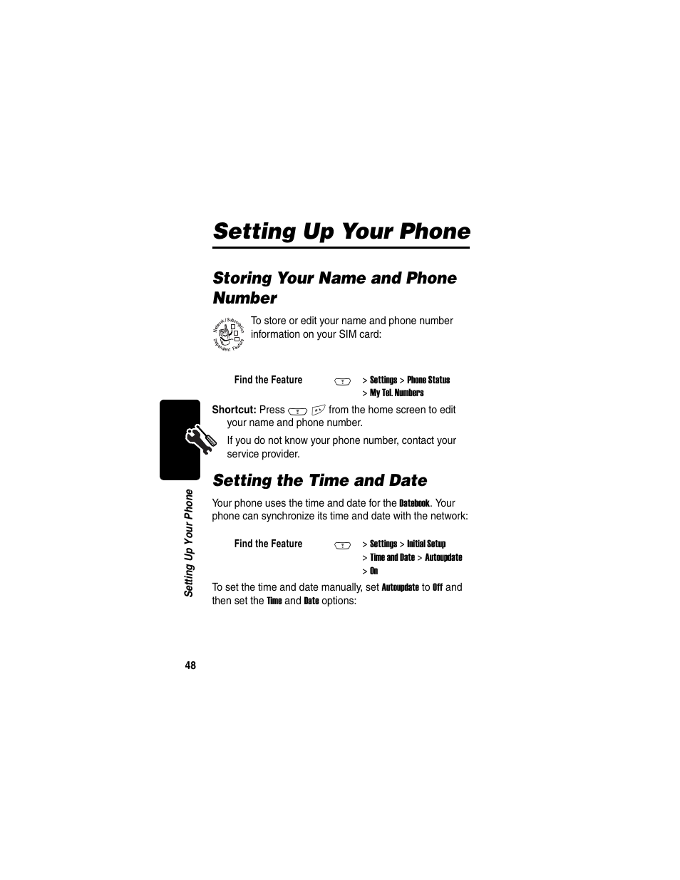 Setting up your phone, Storing your name and phone number, Setting the time and date | Motorola C380 User Manual | Page 48 / 97