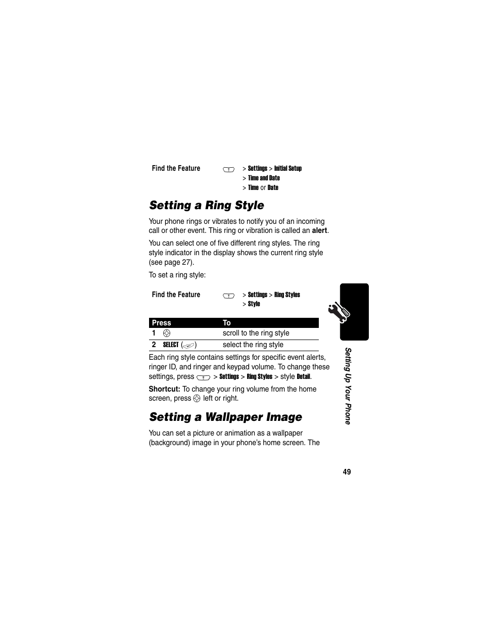 Setting a ring style, Setting a wallpaper image | Motorola C380 User Manual | Page 49 / 97